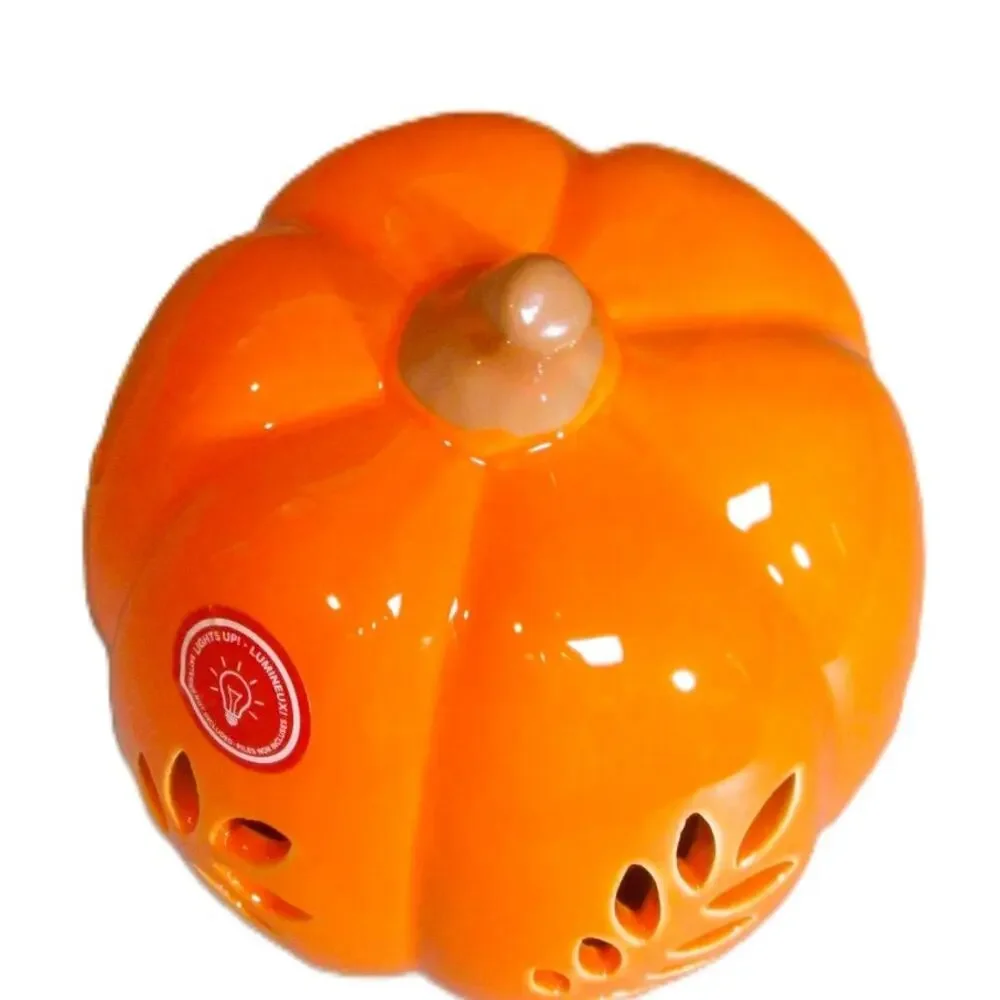 Orange Ceramic Pumpkin Light-Up Decor Autumn Accent 7-inches Tall Battery Power